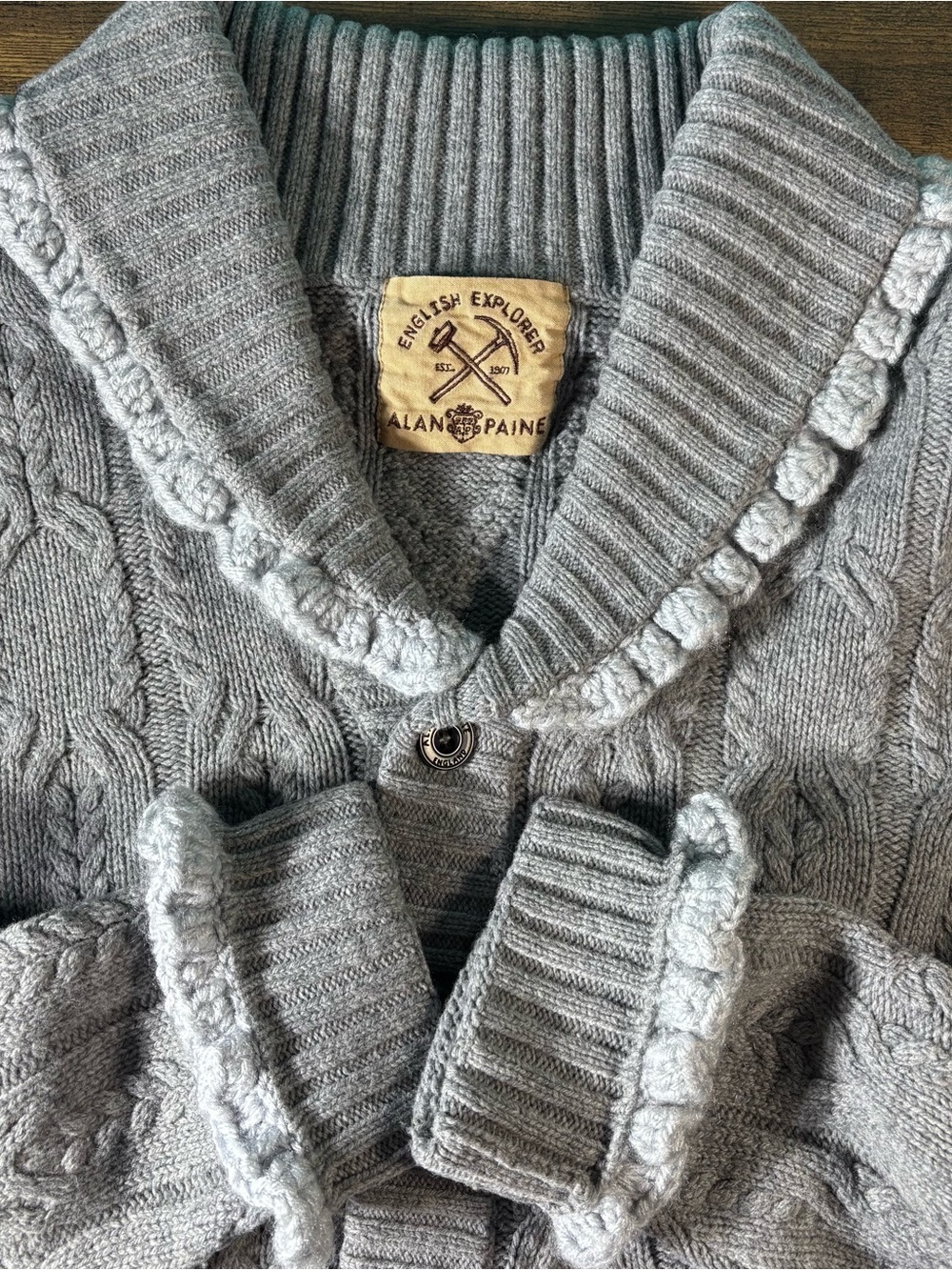 REWORKED Alan Paine Vintage Gray Wool Cardigan XL Grannycore Coquette CableKnit